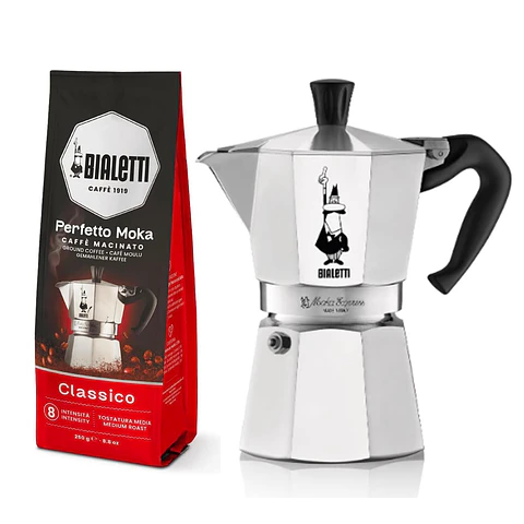 Cafetera Moka Italiana Bialetti 4 Tazas y Café Bialetti Molido Perfetto Moka 250gr