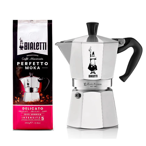 Cafetera Moka Italiana Bialetti 4 Tazas y Café Bialetti Molido Perfetto Moka 250gr