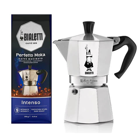 Cafetera Moka Italiana Bialetti 4 Tazas y Café Bialetti Molido Perfetto Moka 250gr