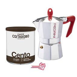 Cafetera Italiana PEDRINI Moka 3 Tazas espresso y Café Molido Italiano Cento 250gr