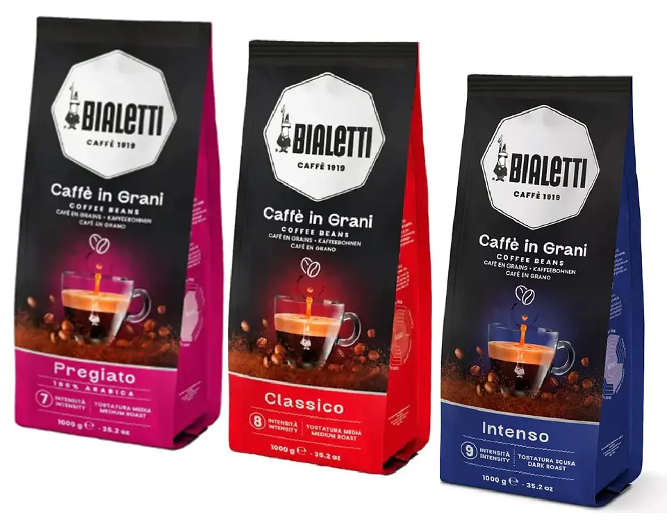 Pack Café Bialetti 2 o 3 unidades de 1 Kg Classico, Intenso o Pregiato Grano  1