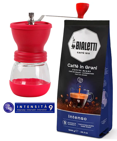 Café Bialetti Grano 1 kg y Molinillo con muelas cónicas cerámicas