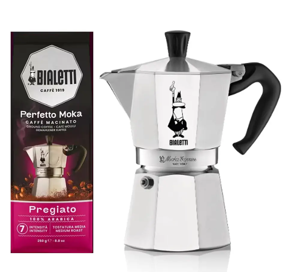 Cafetera Moka Italiana Bialetti 4 Tazas y Café Bialetti Molido Perfetto Moka 250gr 3