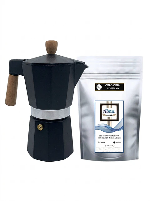 Cafetera Moka Italiana Negra 6 Tazas + Café Especialidad Colombia Femenino 100gr