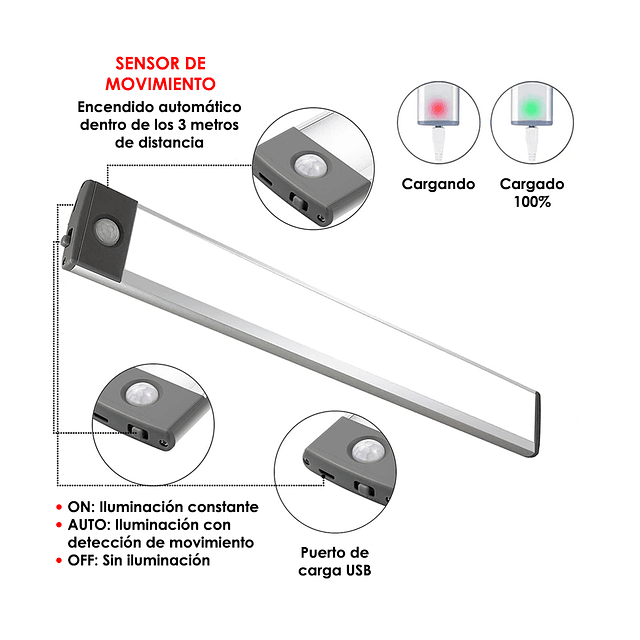 Barra De Luz XL Inalámbrica Recargable USB Con Sensor De Mov