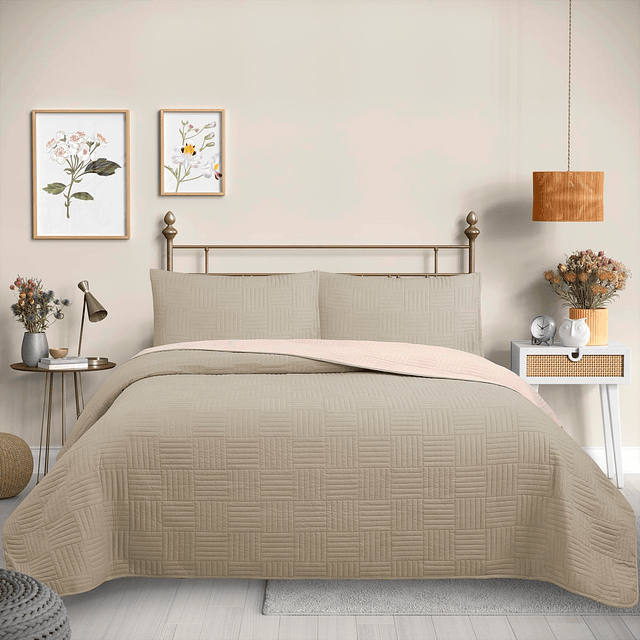 Cubrecama Quilt Reversible Color Beige Trama Collection Martiné
