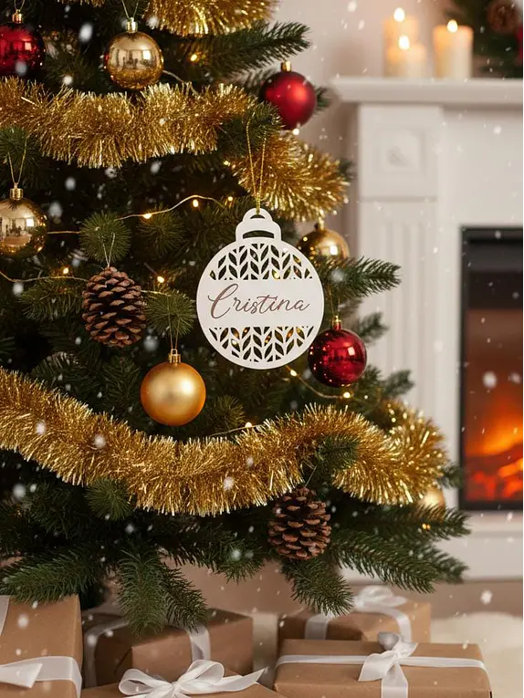Enfeite de Natal Personalizado em MDF Branco | Design Vazado & Nome Gravado | 80x80x﻿3mm 1
