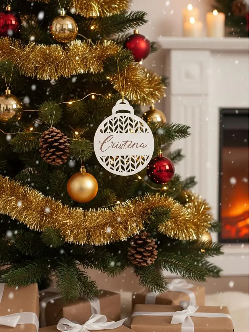 Enfeite de Natal Personalizado em MDF Branco | Design Vazado & Nome Gravado | 80x80x﻿3mm 1