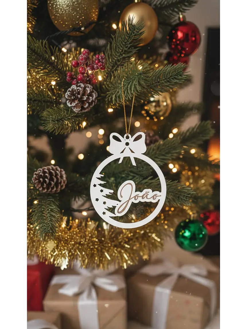Bola de Natal Personalizada em MDF Branco com Nome - Decoração Exclusiva 1