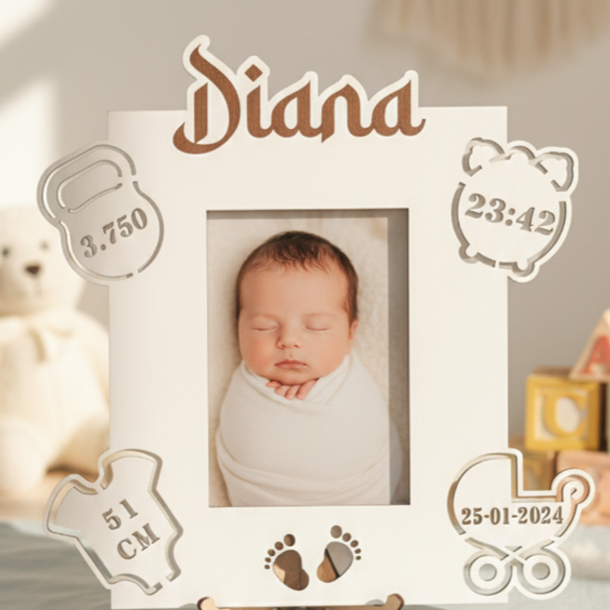 Moldura Personalizada Dados de Nascimento | Lembrança Recém-Nascido em MDF Branco 2