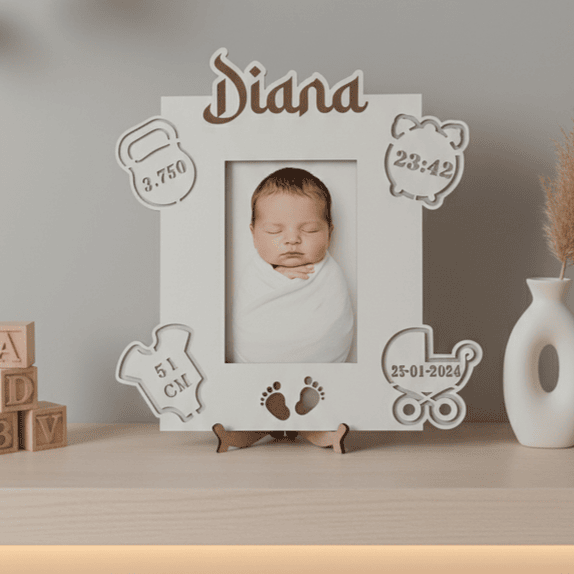 Moldura Personalizada Dados de Nascimento | Lembrança Recém-Nascido em MDF Branco 1