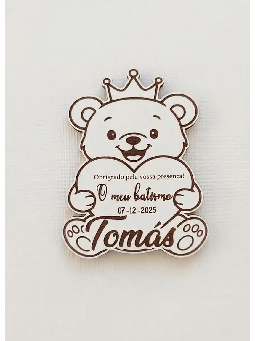 Iman Lembrança de Batizado Ursinho Rei em MDF Branco | Personalizado com Nome e Data 1