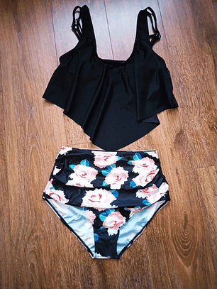 Bikini Tiro Alto Negro Floral - Bikalto02