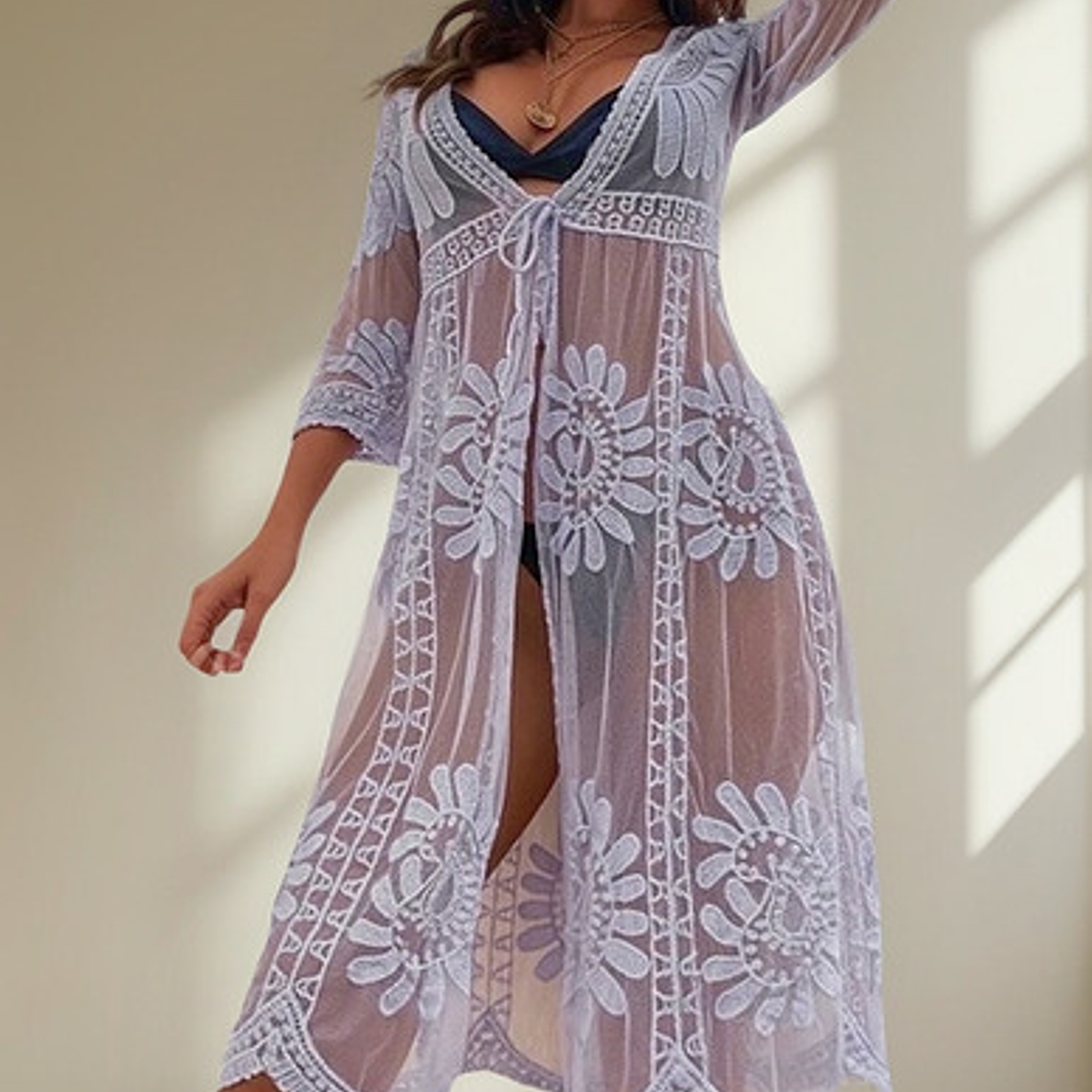 Salida De Baño Abierto Tipo Kimono De Encaje Trasparente -k2 1