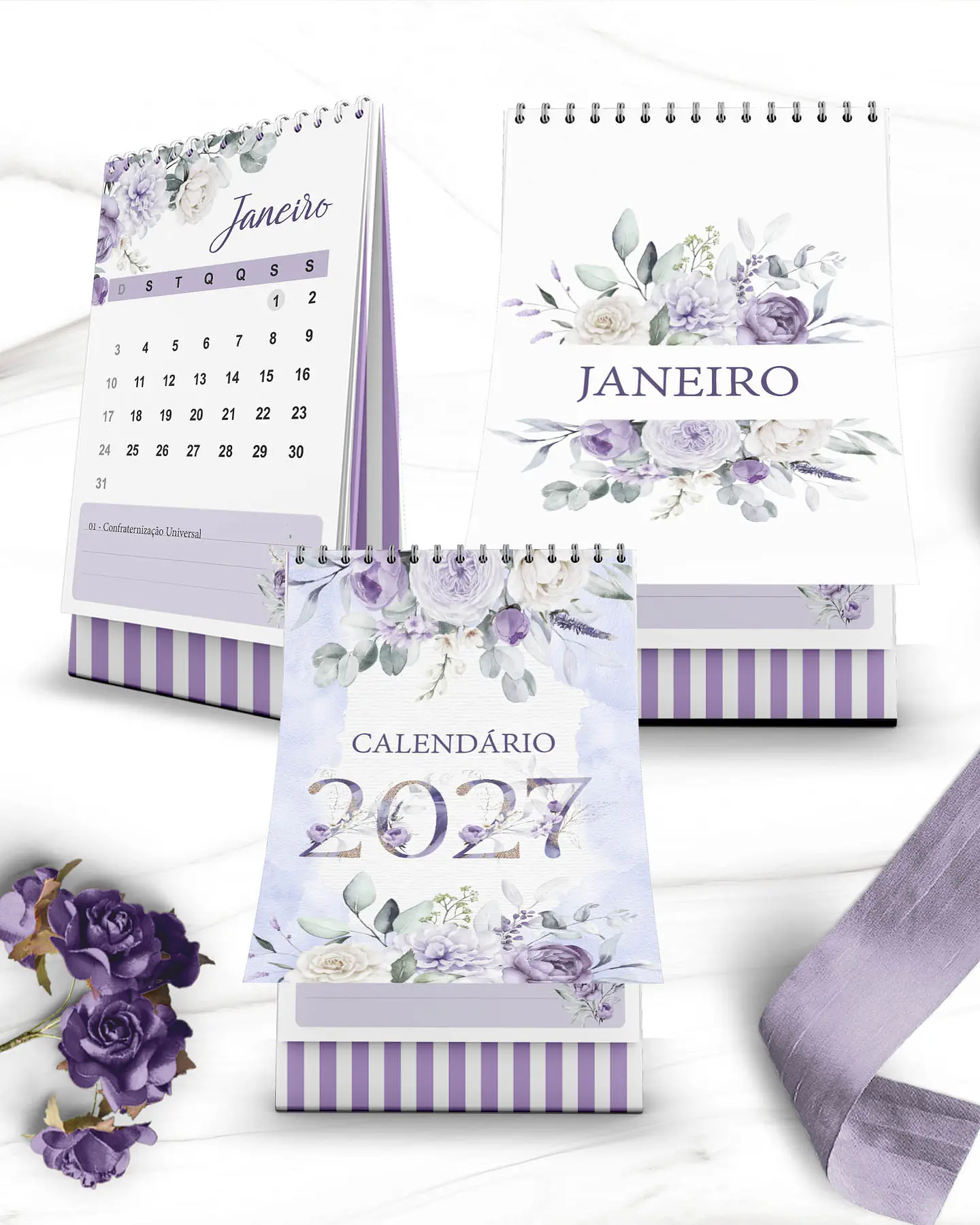 Kit Calendários de Mesa 2027 A5 A6 e Calendário Marca Página - Coleção Violeta 2