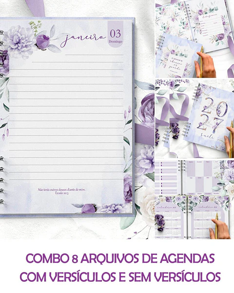 Combo 8 Agendas 2027 e Permanente com Versículos e sem Versículos - Violeta