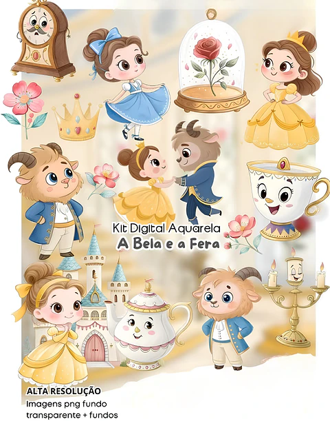 A Bela e a Fera Aquarela - Kit Digital