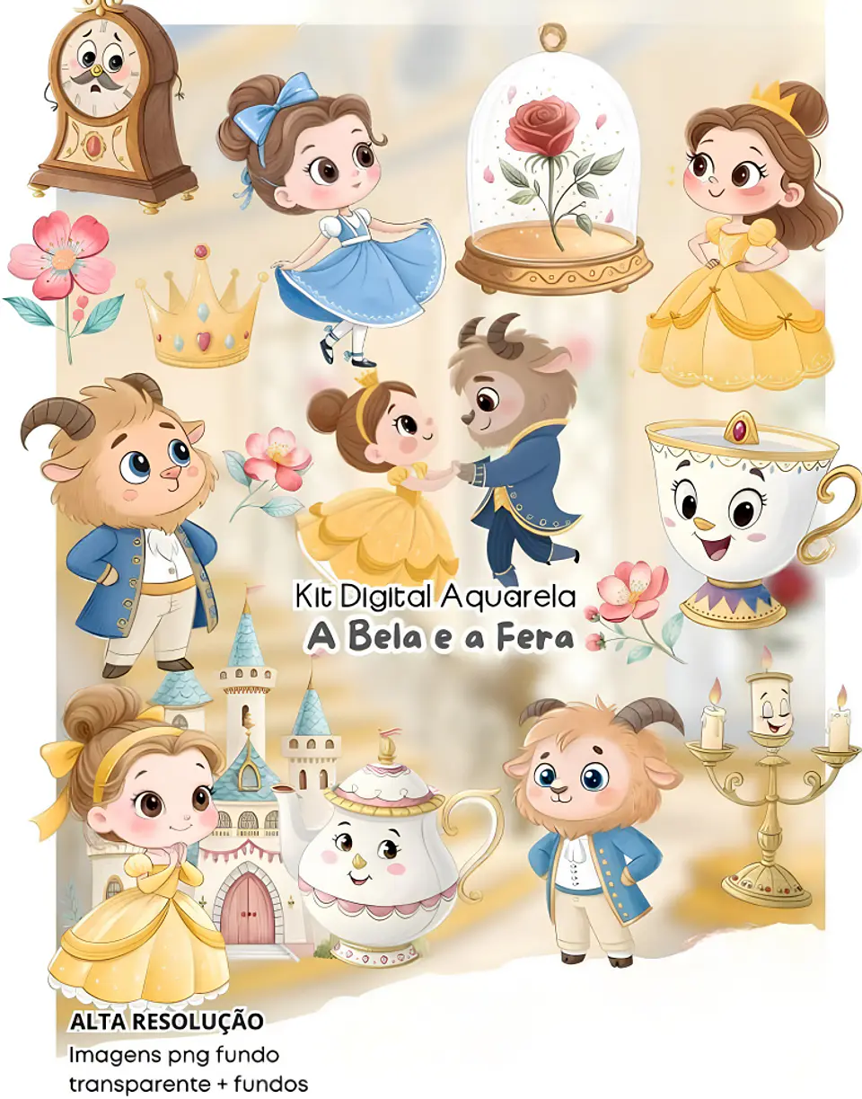 A Bela e a Fera Aquarela - Kit Digital 1