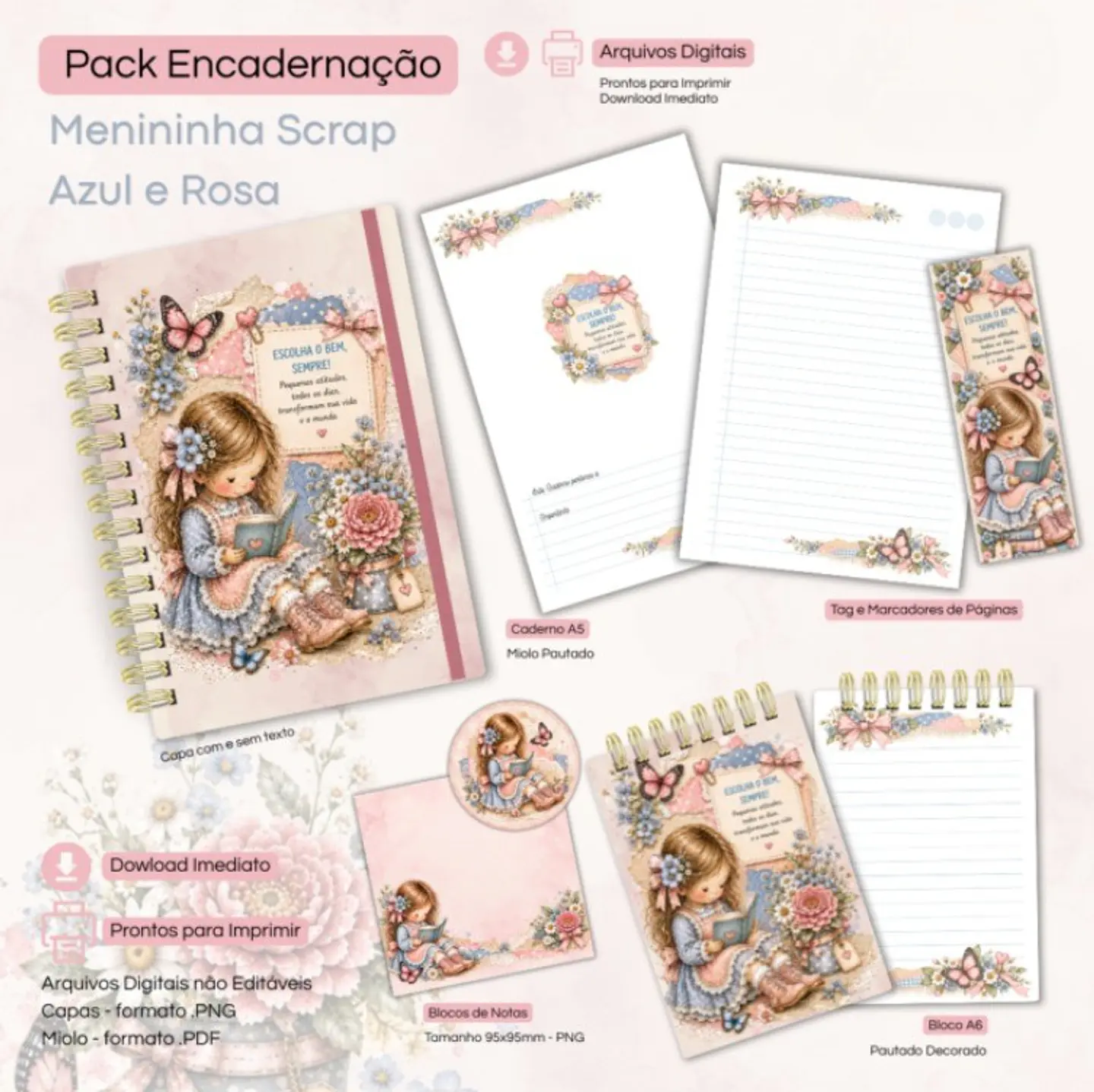 Menina Scrap Rosa e Azul - Caderno Pautado A5 + Bloquinho A6 + Extras 1