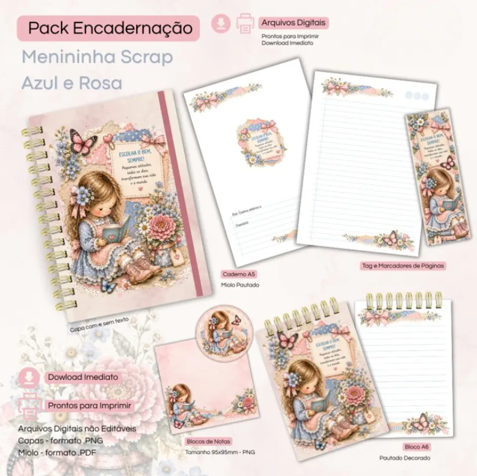 Menina Scrap Rosa e Azul - Caderno Pautado A5 + Bloquinho A6 + Extras 1