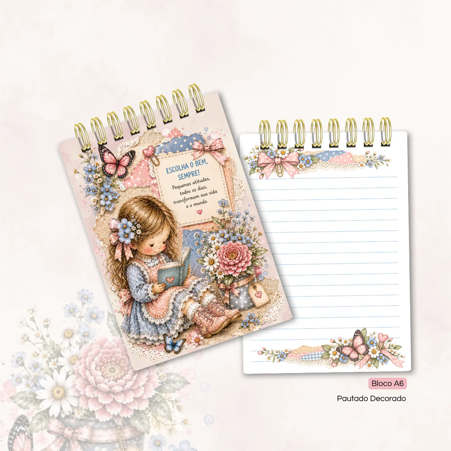 Menina Scrap Rosa e Azul - Caderno Pautado A5 + Bloquinho A6 + Extras 2