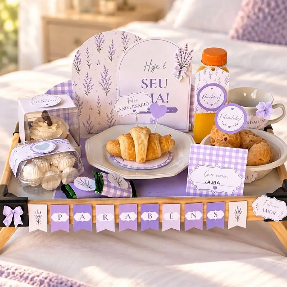 Kit Café da Manhã - Aniversário Feminino Lilás 1