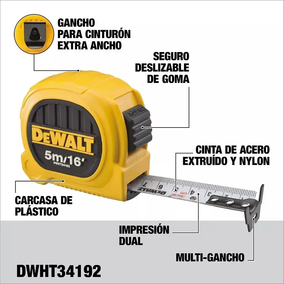 Huincha De Medir 5m/16' Diseño Compacto Dewalt DWHT34192L 3