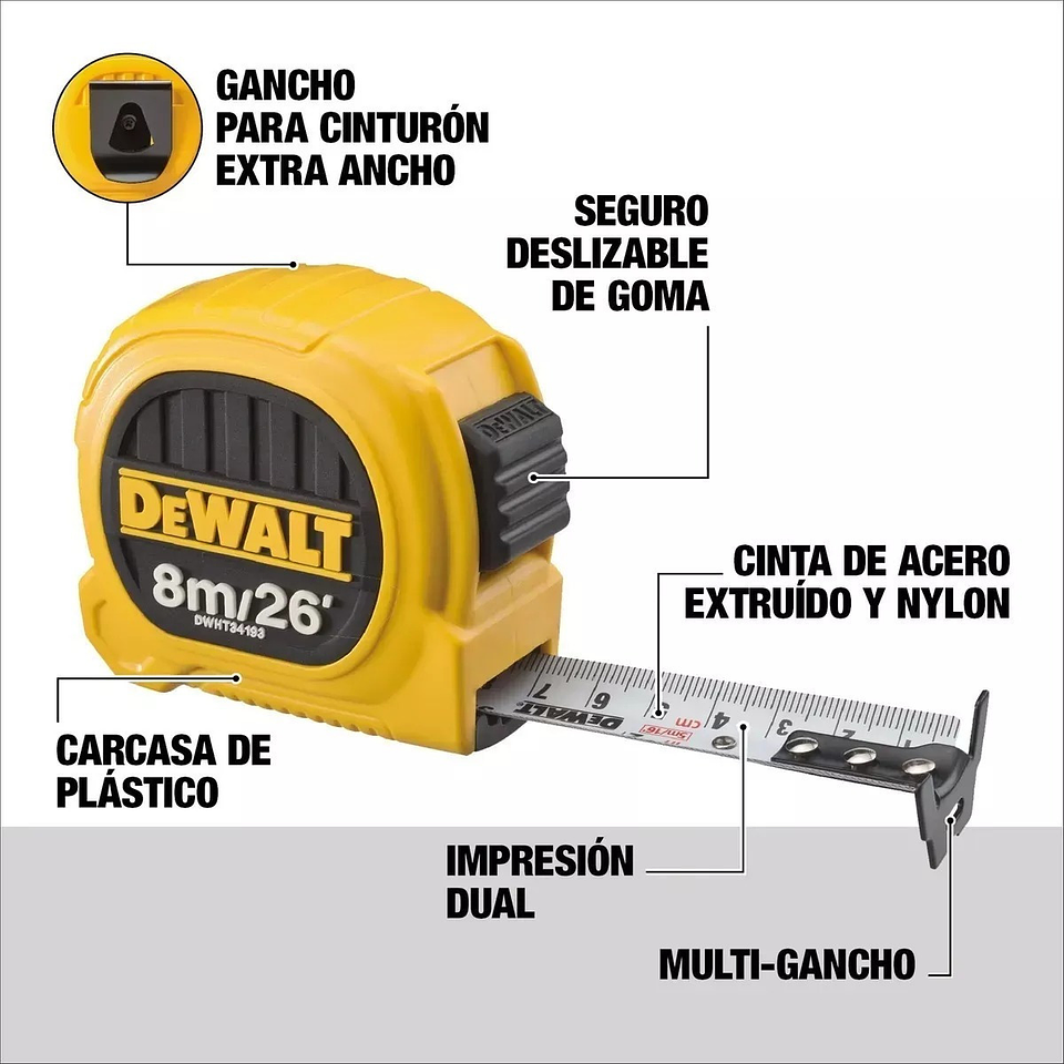 Huincha De Medir 8m/26' Diseño Compacto Dewalt DWHT34193L 2