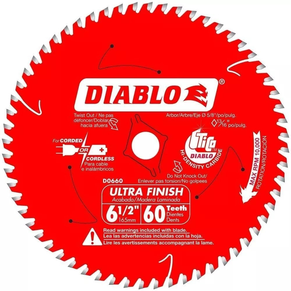 Disco Sierra Circular 6 1/2 Diablo 60 Dientes Fino  1
