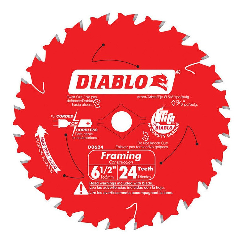 Disco Sierra Circular D0624 6 1/2 Diablo 24 Dientes Eje 5/8  1
