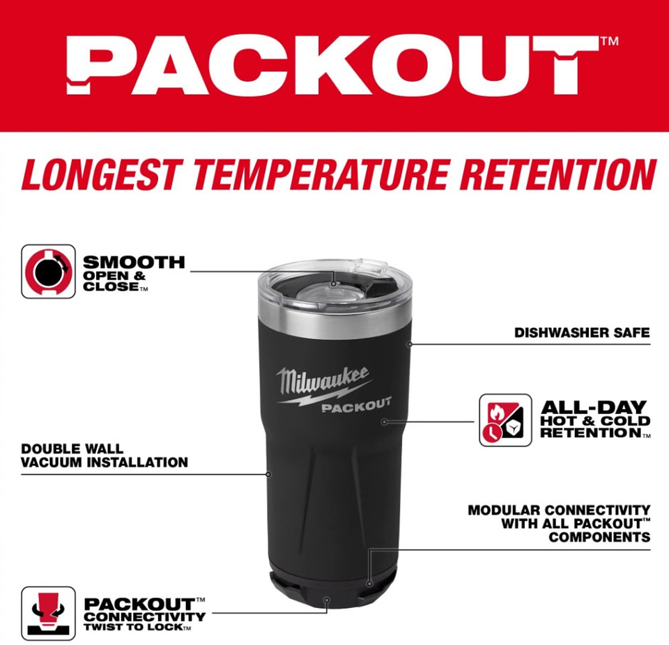 Termo Vaso Packout 591 ml Negro Milwaukee 48-22-8392B 8