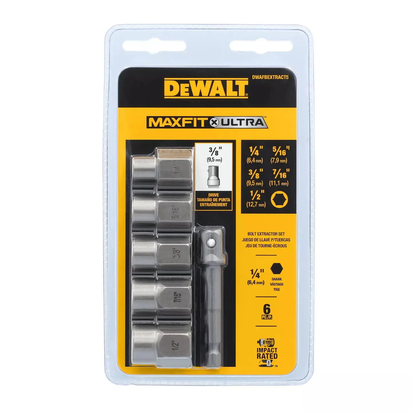 Set 5 Dados extractores Maxfit + Adaptador 1/4 Dewalt Dwafbextract5 1