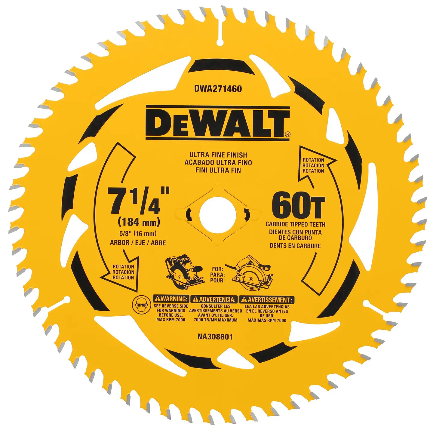 Disco De Sierra 7-1/4''x 5/8'' 60 Dientes Dewalt DWA271460 1