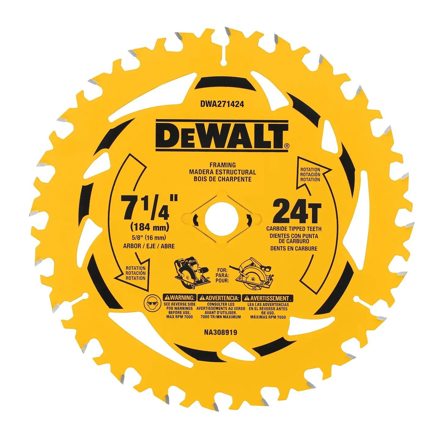 Disco Sierra 7-1/4''x 5/8'' 24 Dientes Dewalt DWA271424 1