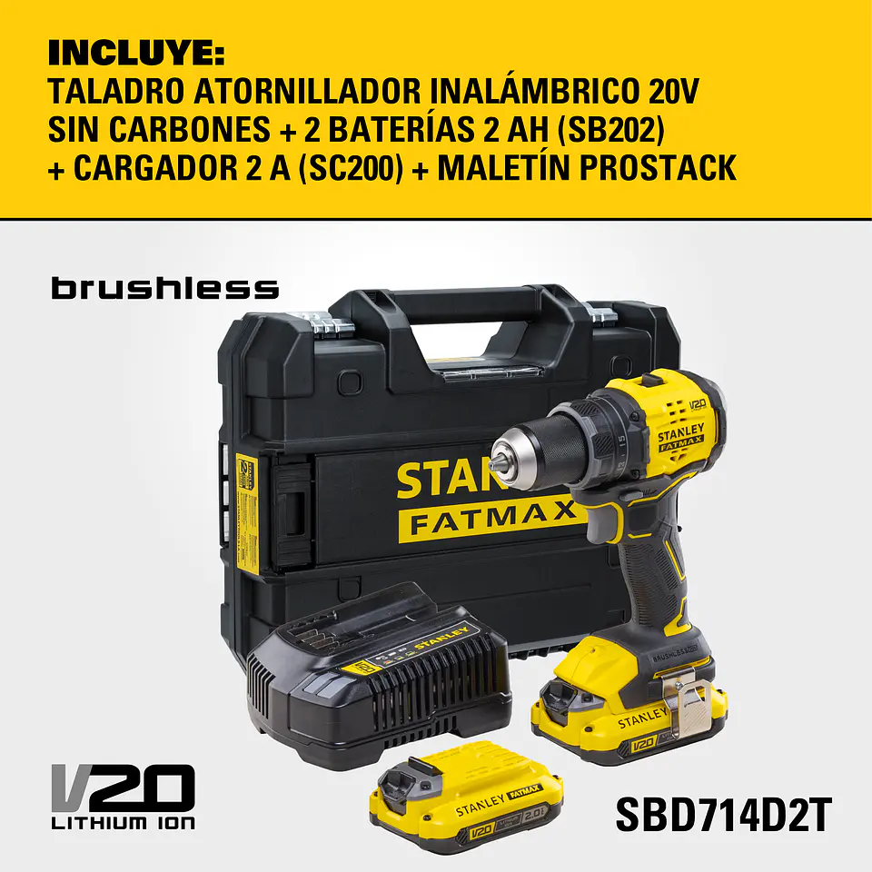 Taladro Atornillador Stanley 20V Brushless FATMAX SBD714D2T-B1 2