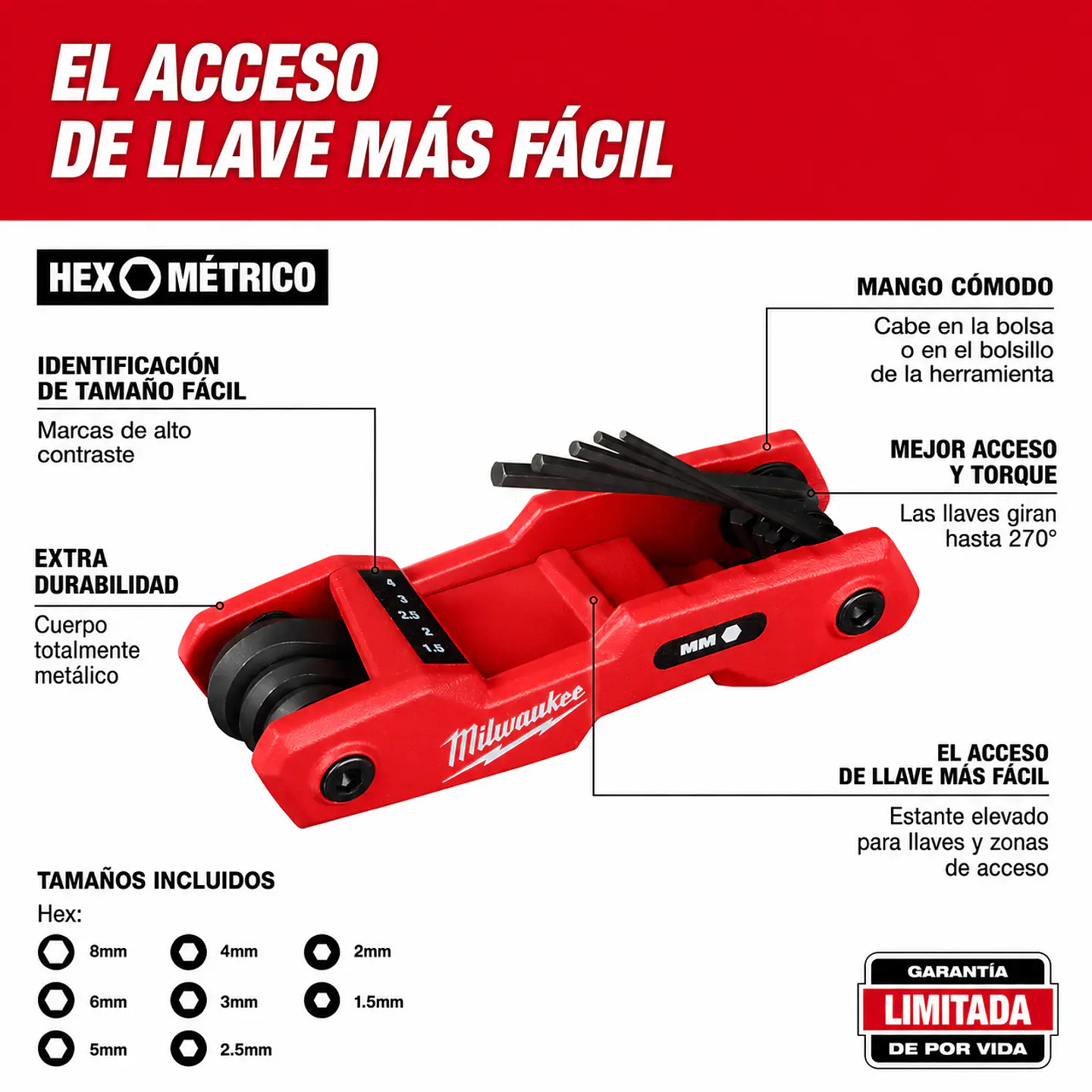 Juego de 8 Llaves Allen Plegables Metricas Milwaukee 48-22-2182 3