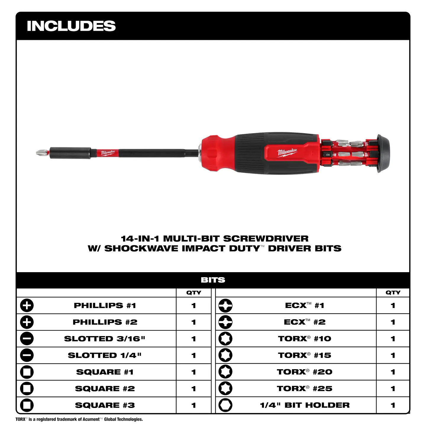 Destornillador Multi-Bit Milwaukee 14 en 1 SHOCKWAVE 48-22-2915 2