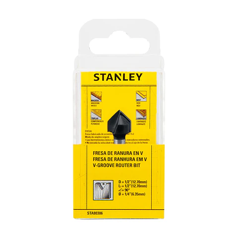 Fresa Ranura En V 1/2” Vástago 1/4" Stanley STA80306