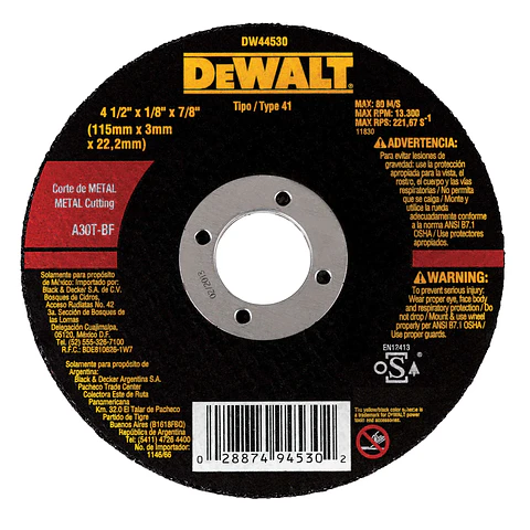 Disco Corte Metal 4 1/2” x 1/8” x 7/8” Dewalt DW44530