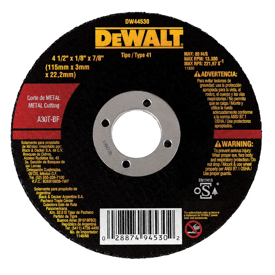 Disco Corte Metal 4 1/2” x 1/8” x 7/8” Dewalt DW44530 1
