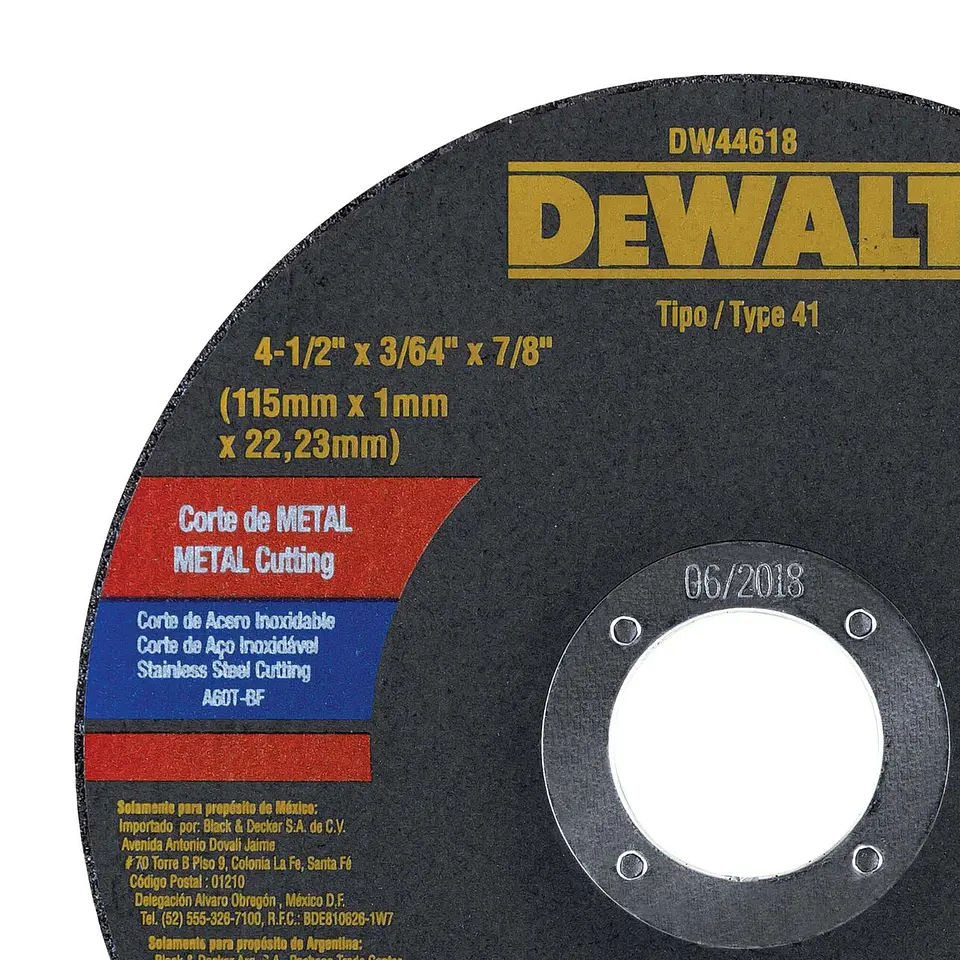 Disco Corte Metal Inox 4-1/2” x 3/64” x 7/8” Dewalt DW44618 2