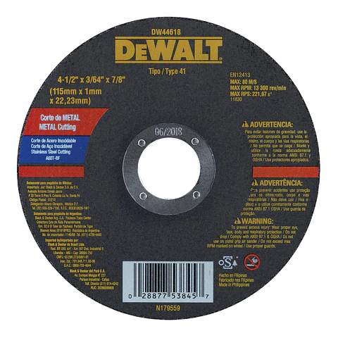 Disco Corte Metal Inox 4-1/2” x 3/64” x 7/8” Dewalt DW44618