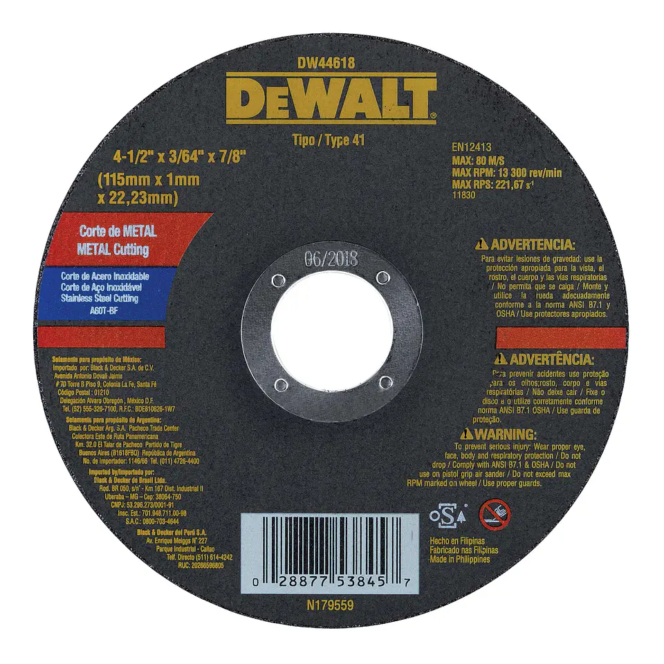 Disco Corte Metal Inox 4-1/2” x 3/64” x 7/8” Dewalt DW44618 1