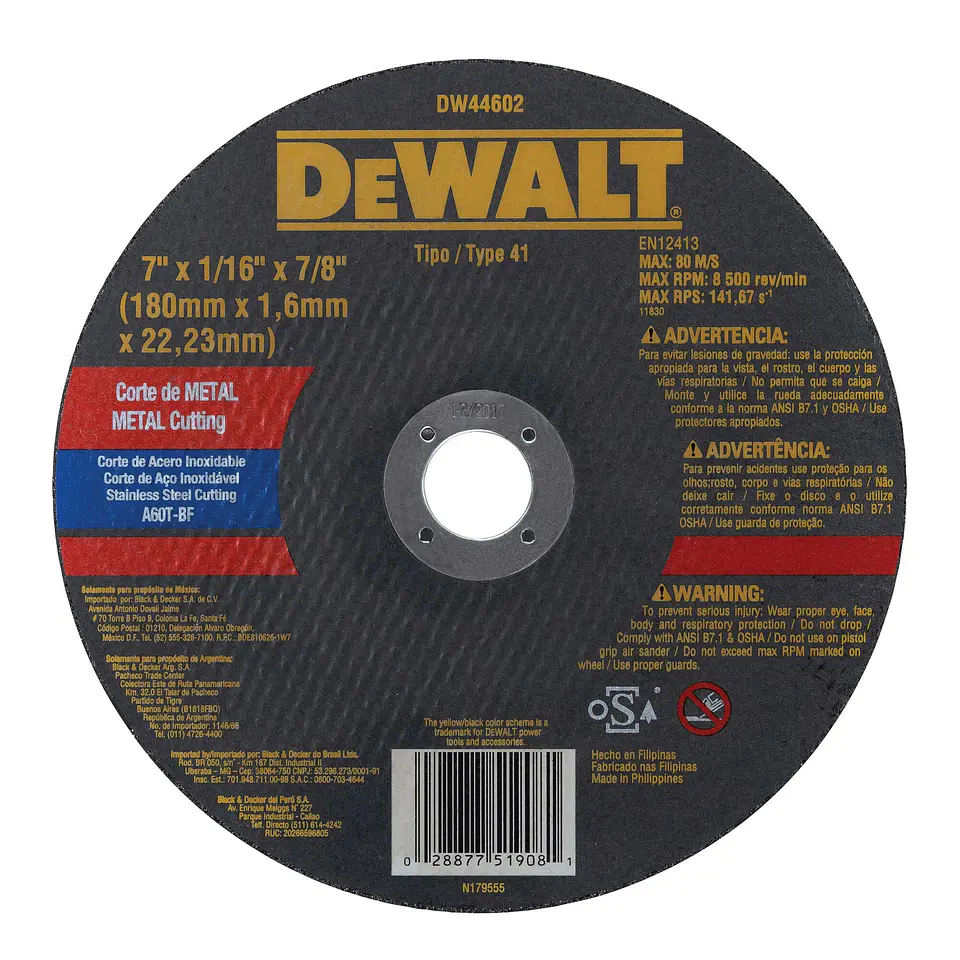Disco Corte Metal Inox 7” x 1/16” x 7/8” Dewalt DW44602 1