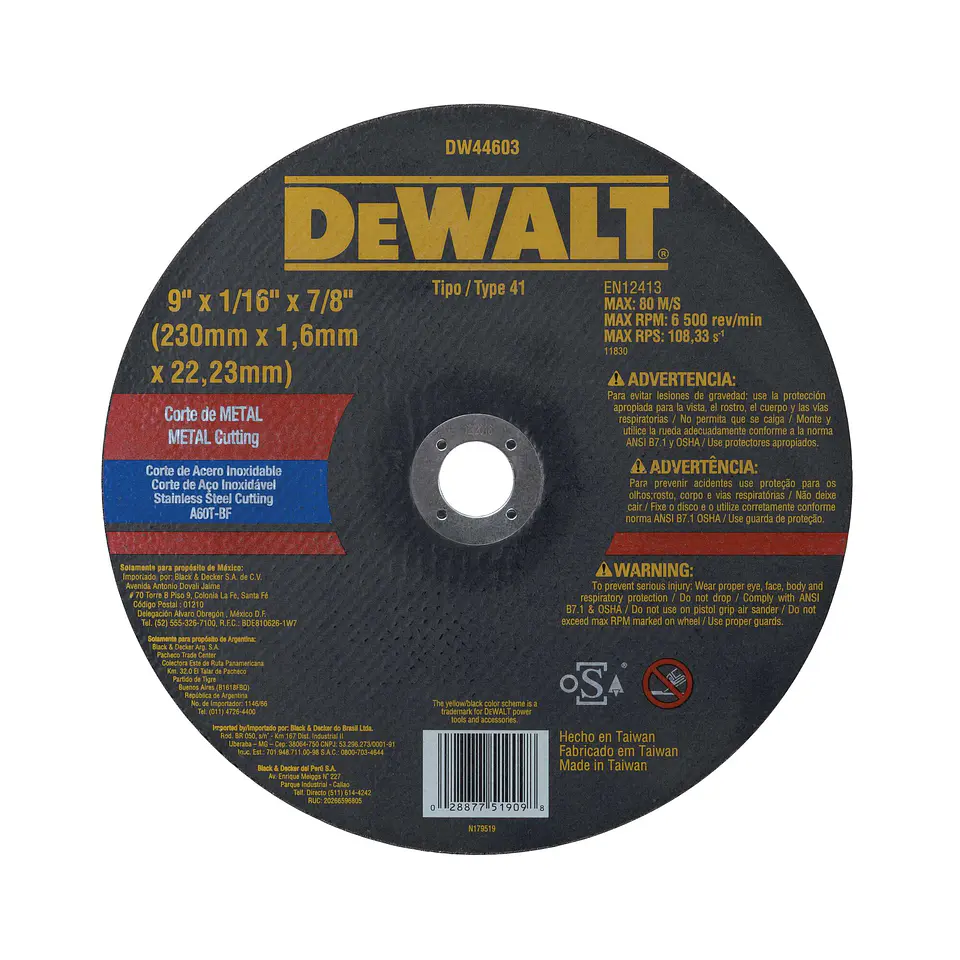 Disco Corte Metal Inox 9” x 1/16” x 7/8” Dewalt DW44603 1