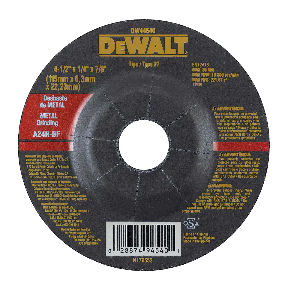 Disco Desbaste Metal 4 1/2” x 1/4” x 7/8” Dewalt DW44540 1
