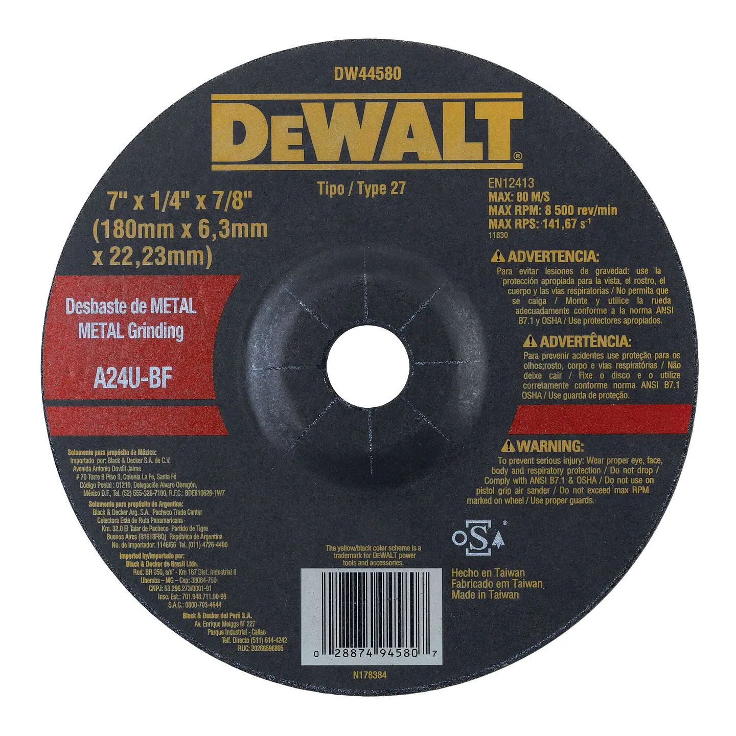 Disco Desbaste Metal 7” x 1/4” x 7/8” Dewalt DW44580 1