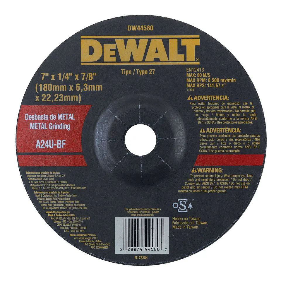 Disco Desbaste Metal 7” x 1/4” x 7/8” Dewalt DW44580 1