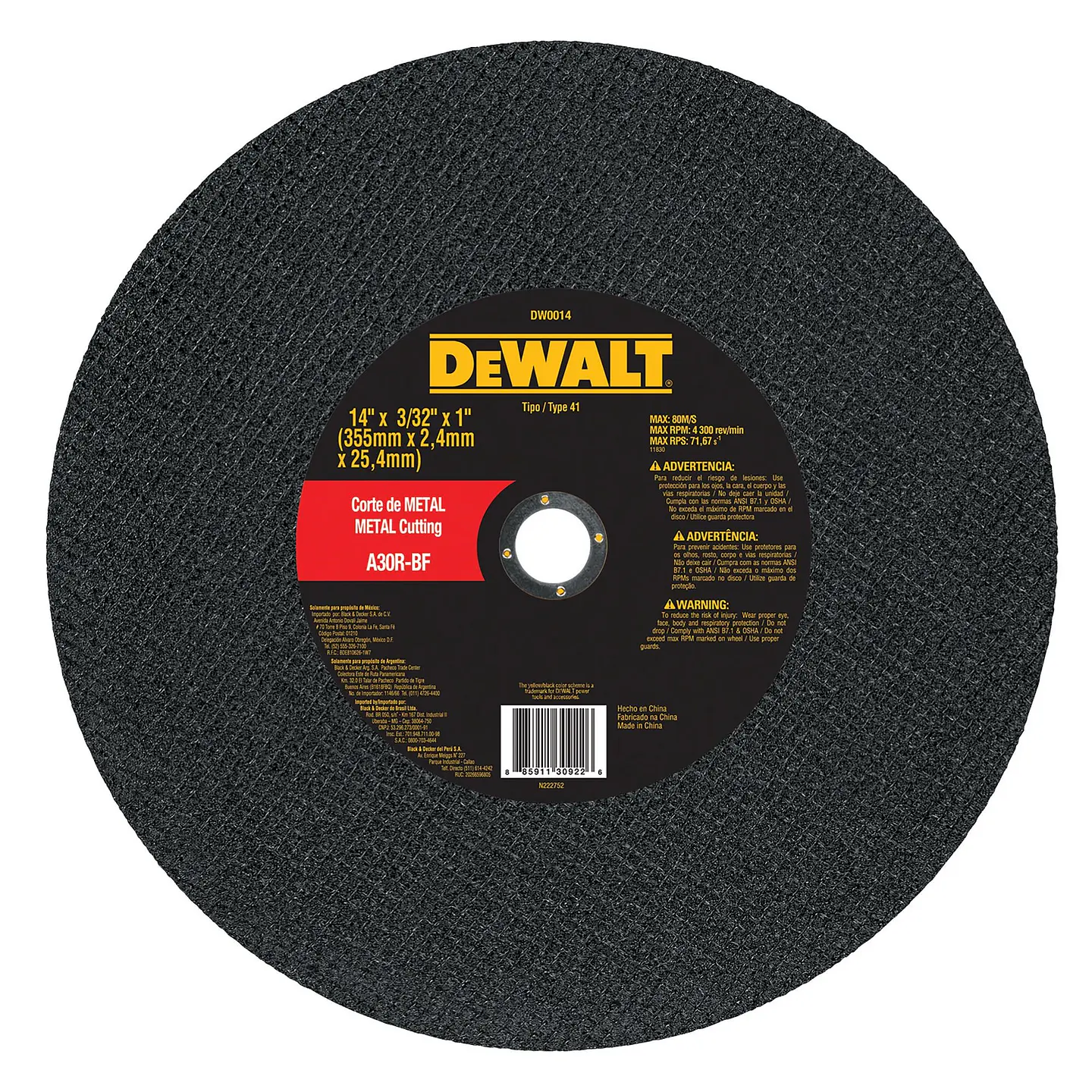 Disco Corte Metal Tronzadora 14” x 0,12” x 1” Dewalt DW0014 1