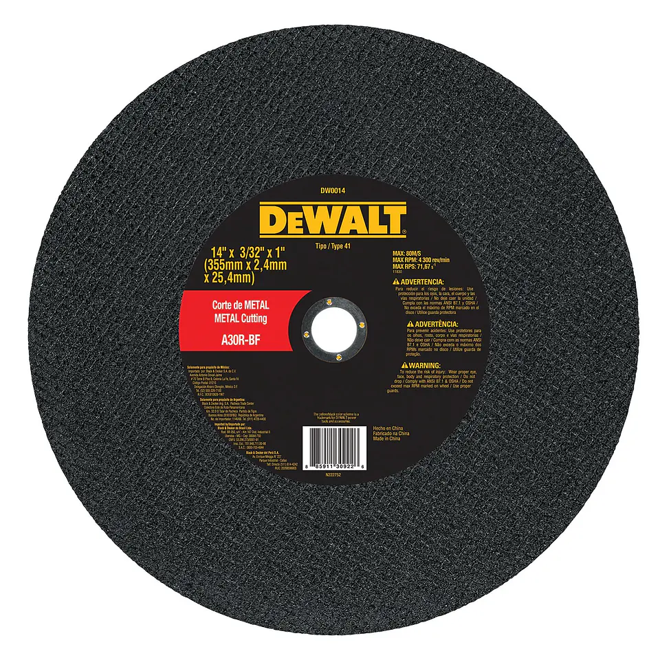 Disco Corte Metal Tronzadora 14” x 0,12” x 1” Dewalt DW0014 1
